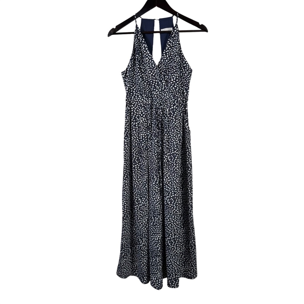 Calista Navy White Dot Halter Jumpsuit Wide Leg Wrap V-Neck Small